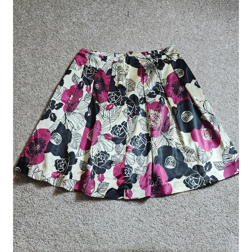 Think Tank Size 12 Flowy Flare Floral Midi Skirt Satin Feel Magenta Cream Airy